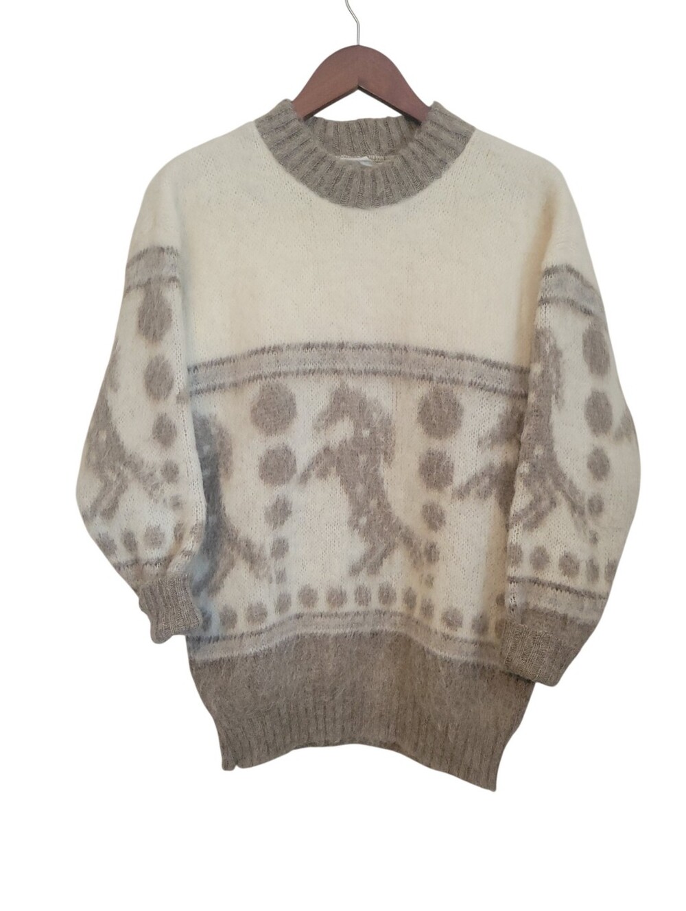 Alafoss Icewool Icelandic Wool Nordic Fair Isle Sweater Cream Gray Small Vintage